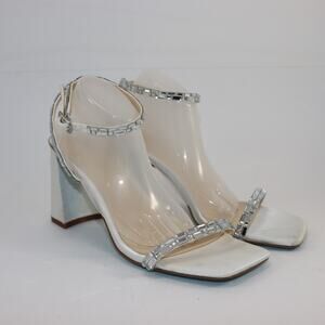 Betsey Johnson Satin Rhinestone Heels Women’s Size 8 Silver Block Sandals Bridal